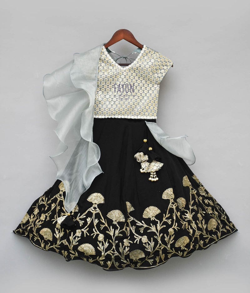 Grey Embroidery Black Gota Lehenga with Choli Organza Dupatta for Girls