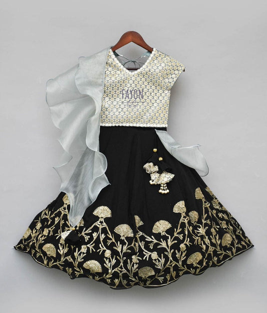 Fayon Kids Grey Embroidery Black Gota Lehenga with Choli Organza Dupatta for Girls