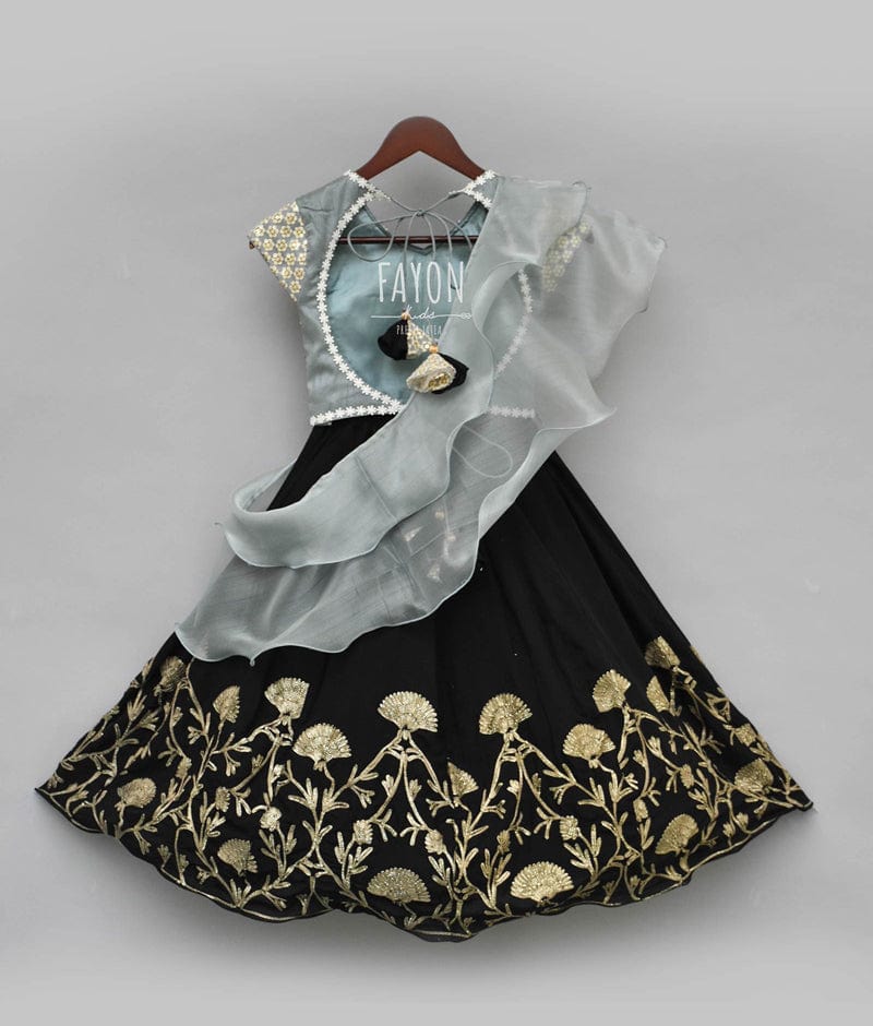 Grey Embroidery Black Gota Lehenga with Choli Organza Dupatta for Girls