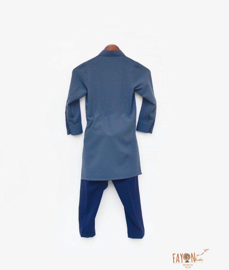 Grey Georgette Asymmetrical Kurta with Blue Pant for Boys