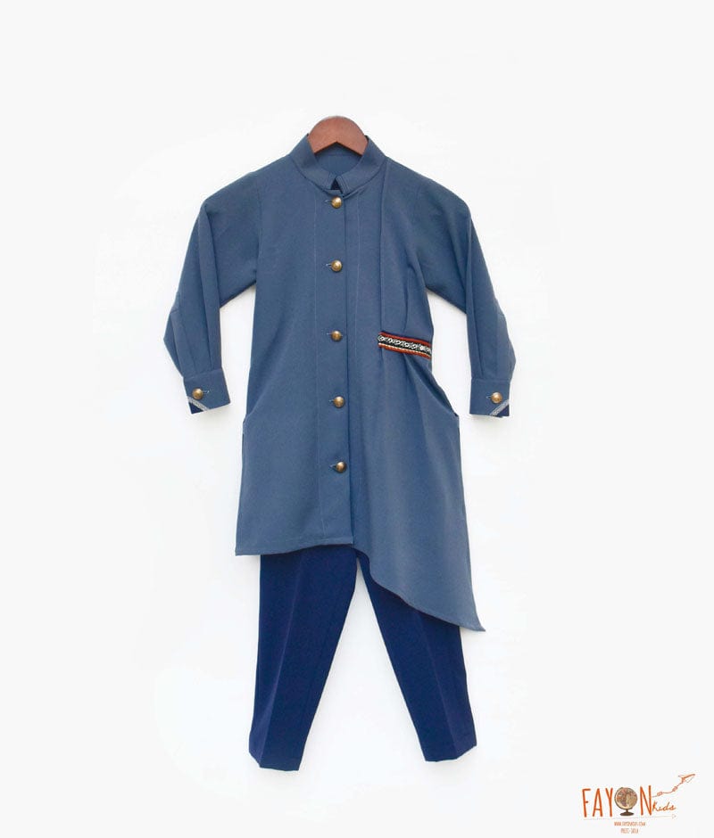 Grey Georgette Asymmetrical Kurta with Blue Pant for Boys