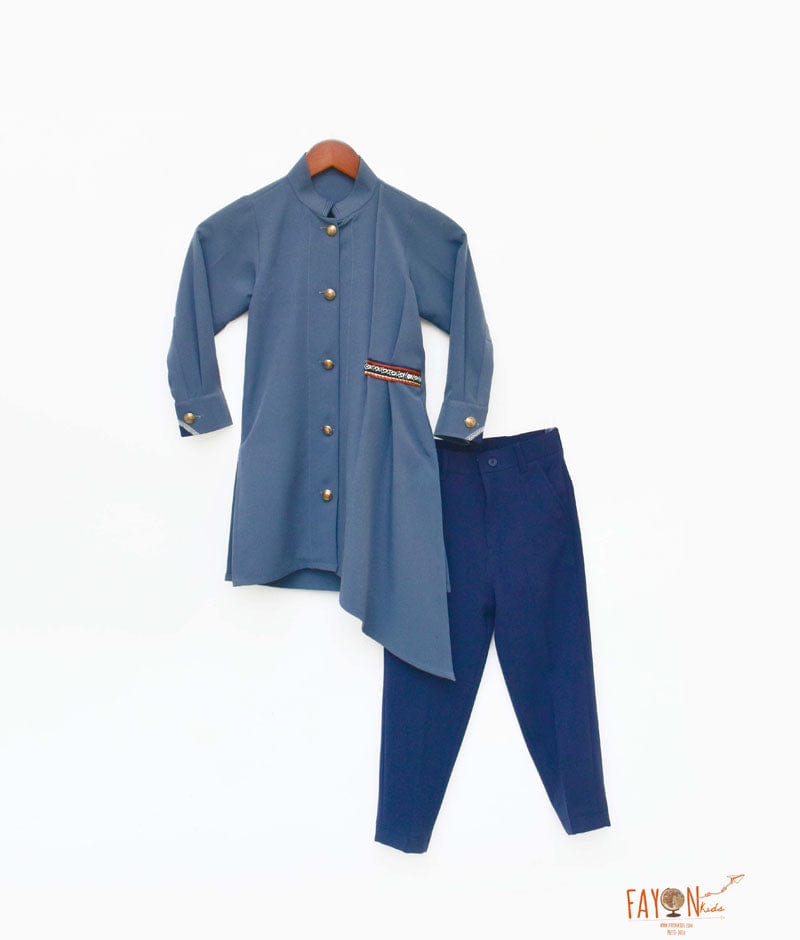 Fayon Kids Grey Georgette Asymmetrical Kurta with Blue Pant for Boys