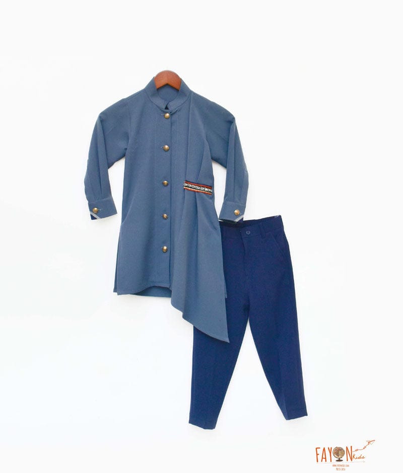 Grey Georgette Asymmetrical Kurta with Blue Pant for Boys