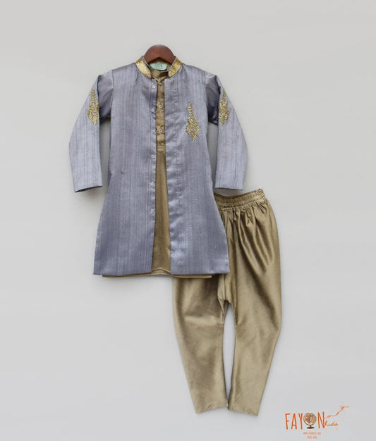 Fayon Kids Grey Gold Ajkan with Chudidar for Boys