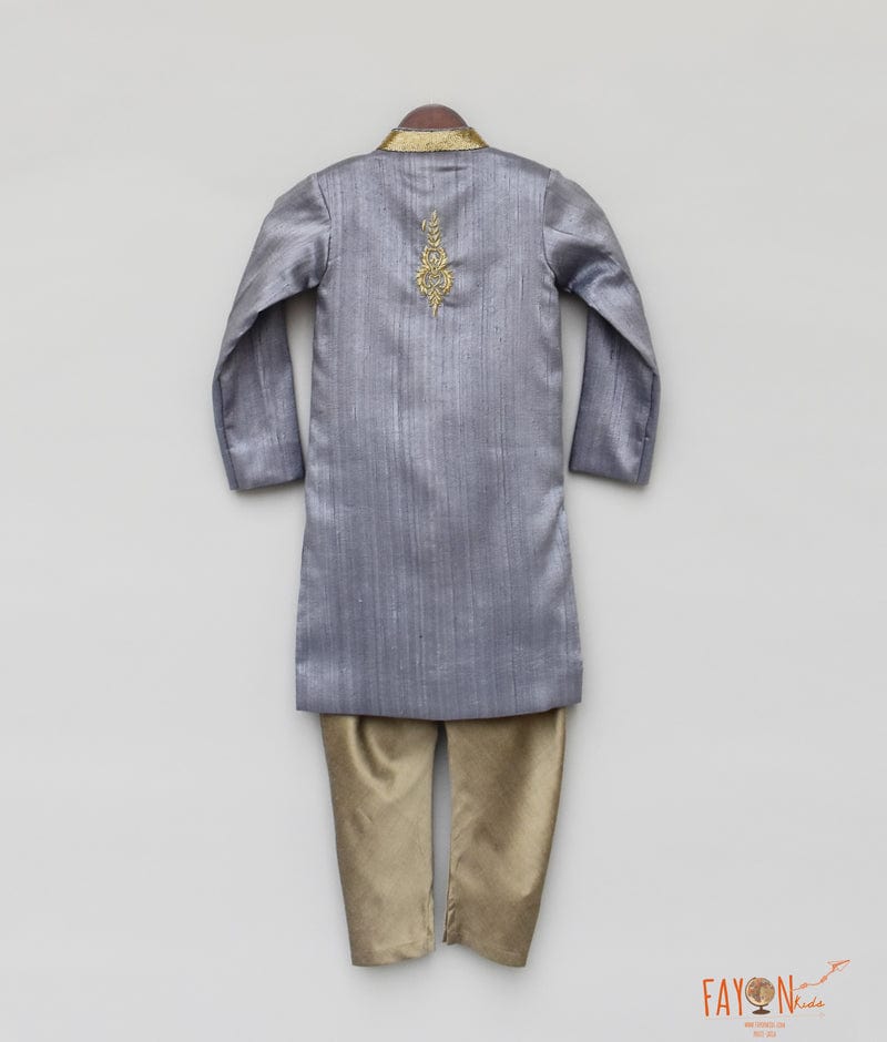 Fayon Kids Grey Gold Ajkan with Chudidar for Boys