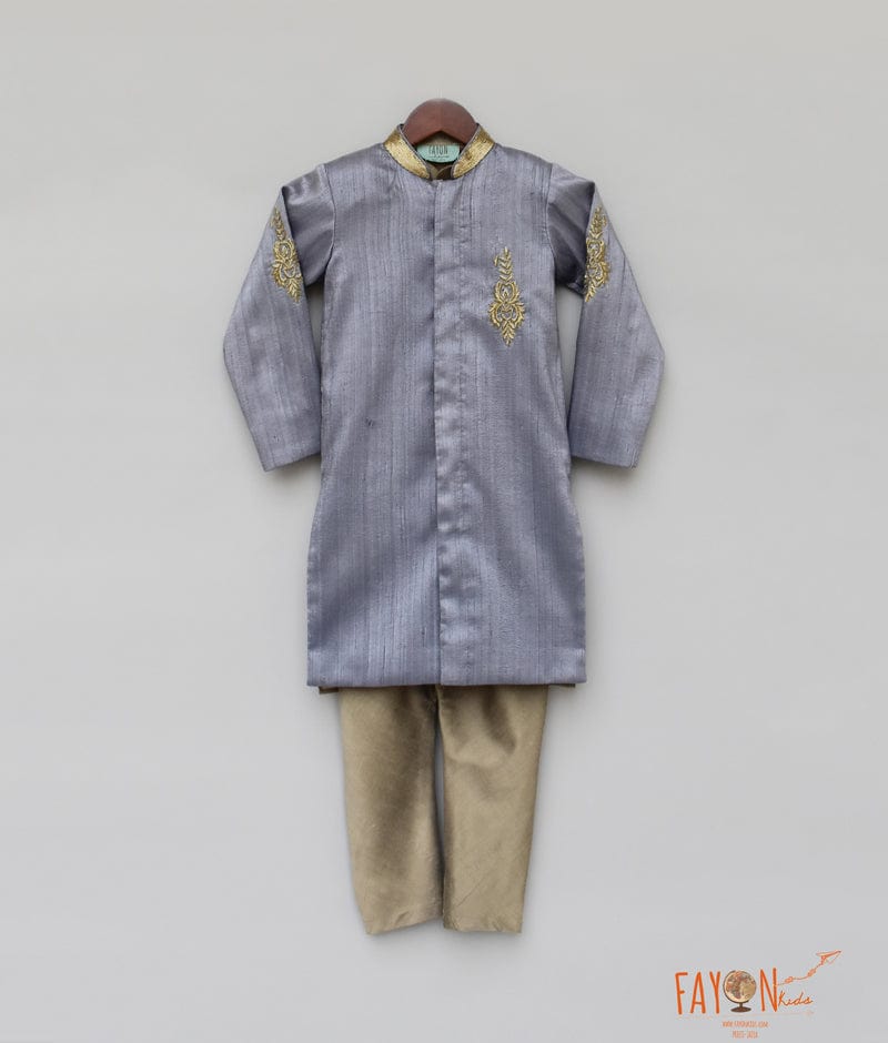 Fayon Kids Grey Gold Ajkan with Chudidar for Boys