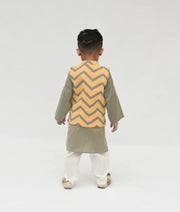 Fayon Kids Grey Kurta with Chevron Print Jacket Pant for Boys