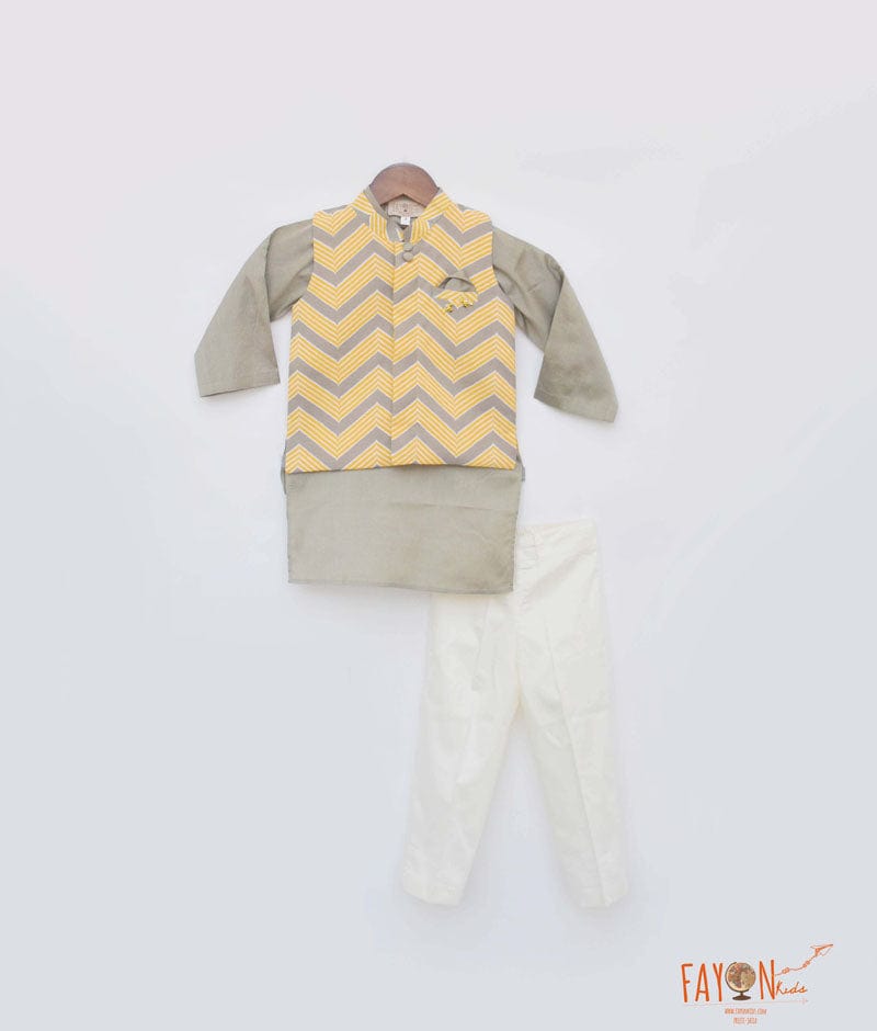 Fayon Kids Grey Kurta with Chevron Print Jacket Pant for Boys