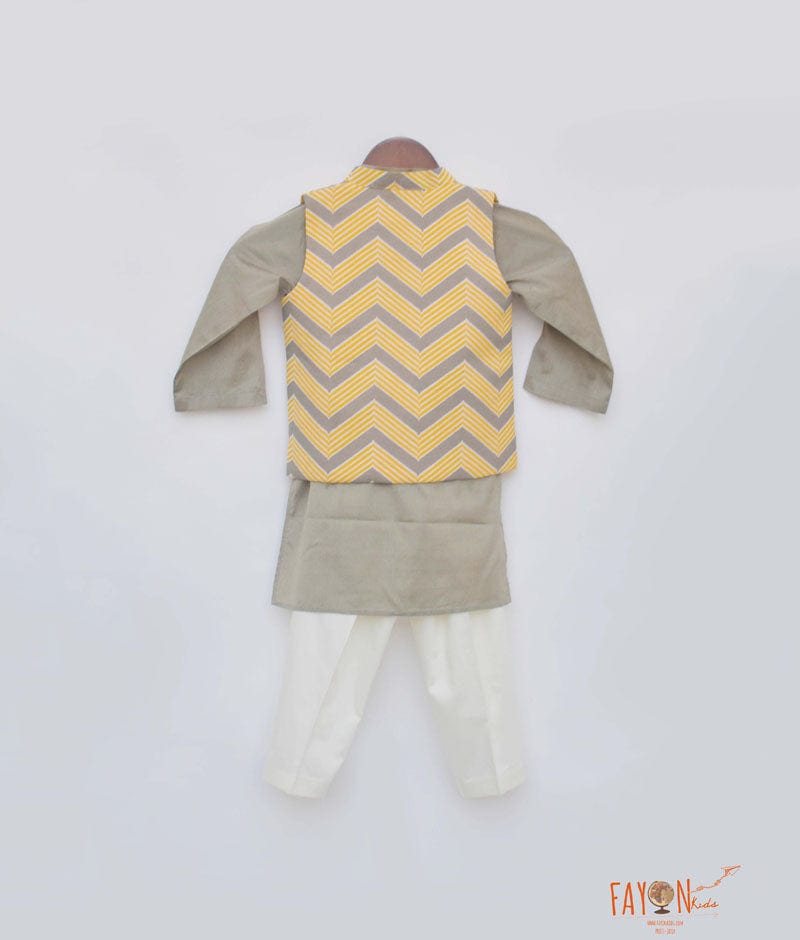 Fayon Kids Grey Kurta with Chevron Print Jacket Pant for Boys