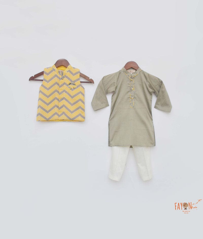 Fayon Kids Grey Kurta with Chevron Print Jacket Pant for Boys