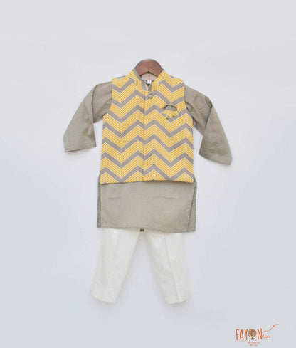 Fayon Kids Grey Kurta with Chevron Print Jacket Pant for Boys