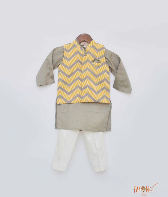 Fayon Kids Grey Kurta with Chevron Print Jacket Pant for Boys