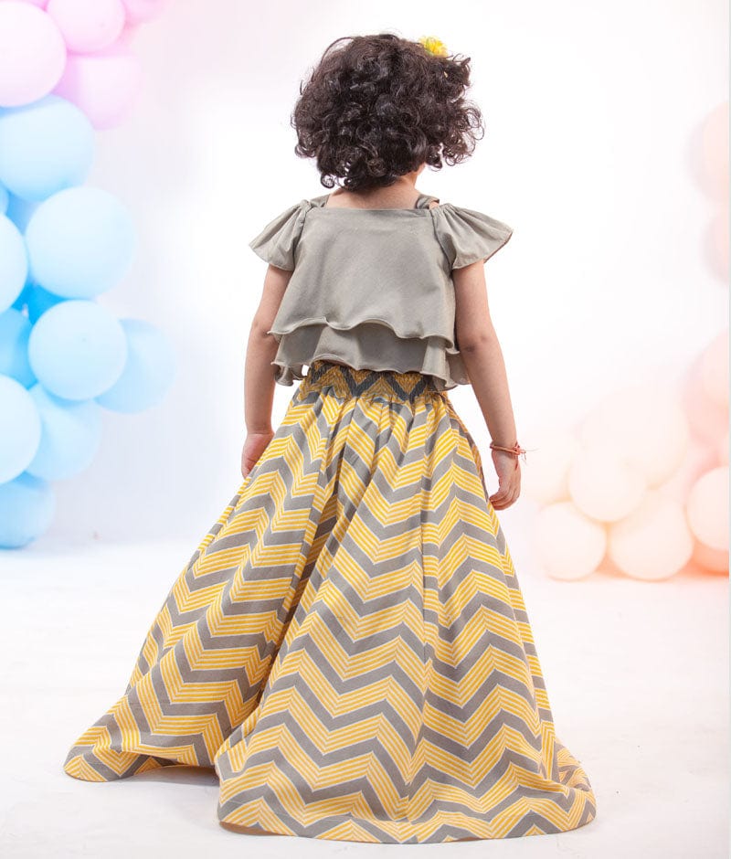 Fayon Kids Grey Yellow Printed Lehenga with Choli for Girls