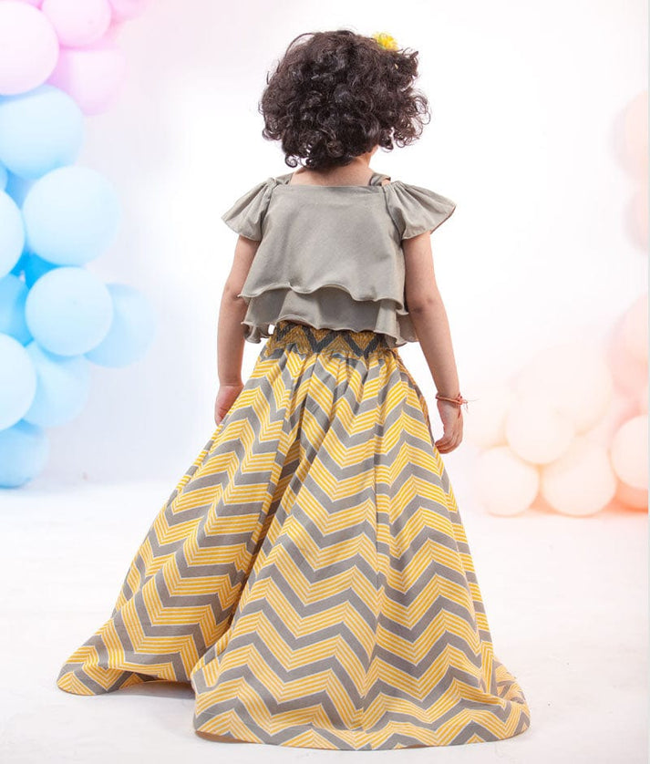Grey Yellow Printed Lehenga for Girls