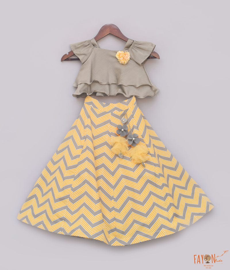 Fayon Kids Grey Yellow Printed Lehenga with Choli for Girls