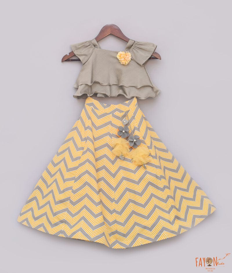 Grey Yellow Printed Lehenga for Girls
