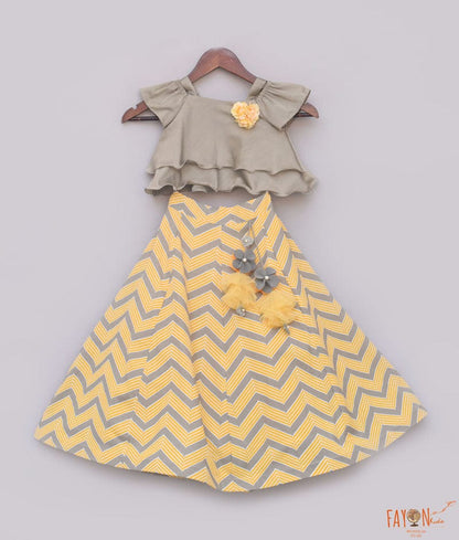 Grey Yellow Printed Lehenga for Girls