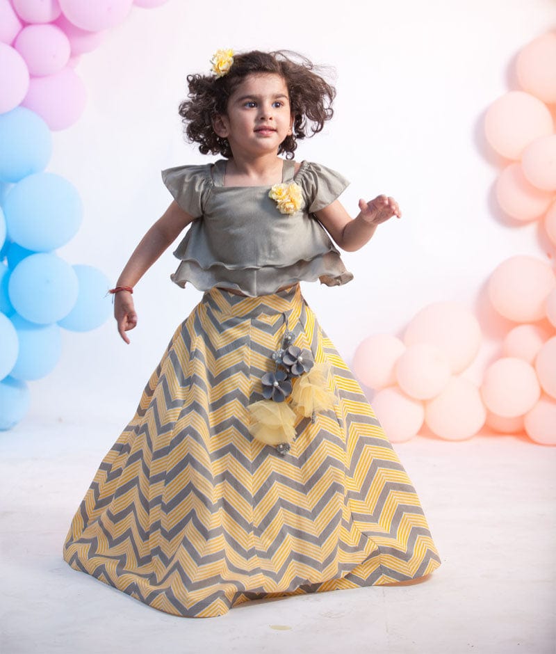 Fayon Kids Grey Yellow Printed Lehenga with Choli for Girls