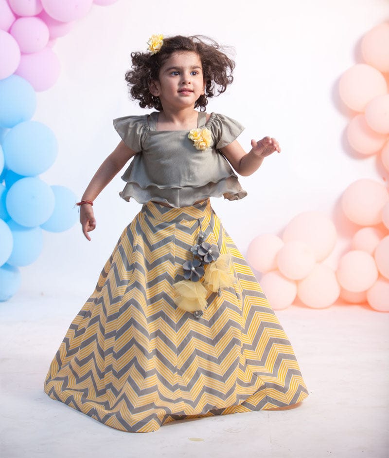 Grey Yellow Printed Lehenga for Girls