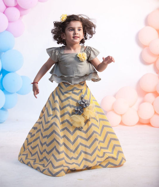 Grey Yellow Printed Lehenga for Girls