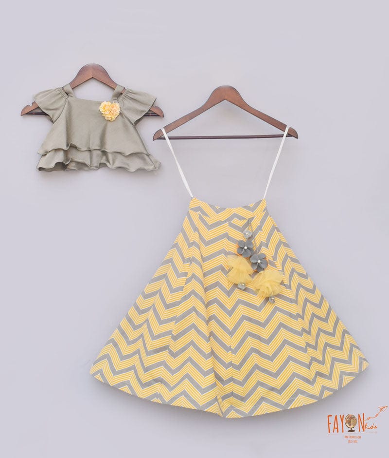 Fayon Kids Grey Yellow Printed Lehenga with Choli for Girls