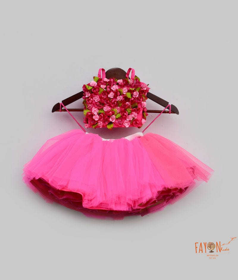 Fayon Kids Hot Pink 3D Flowers Top with Tutu Skirt for Girls