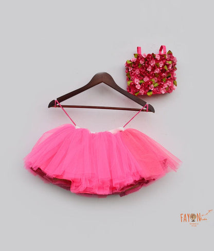 Fayon Kids Hot Pink 3D Flowers Top with Tutu Skirt for Girls