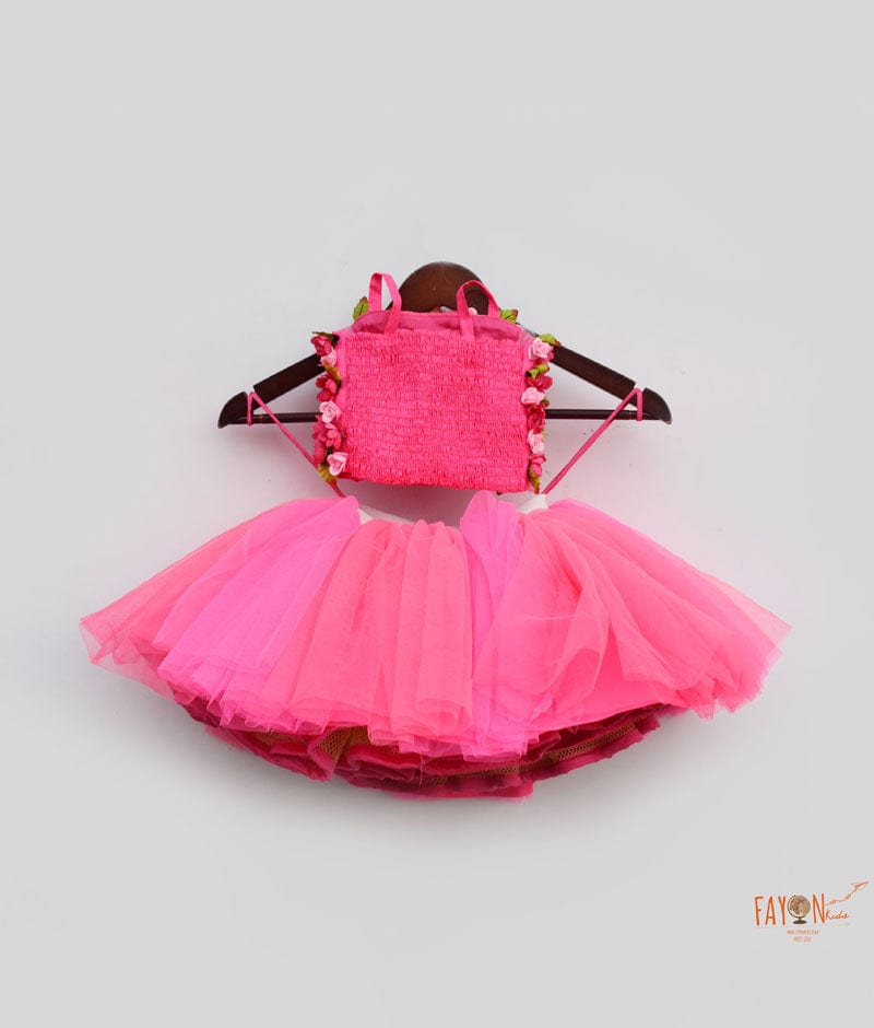 Fayon Kids Hot Pink 3D Flowers Top with Tutu Skirt for Girls