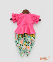 Hot Pink Cotton Green Printed Dhoti Set with Peplum Top for Girls