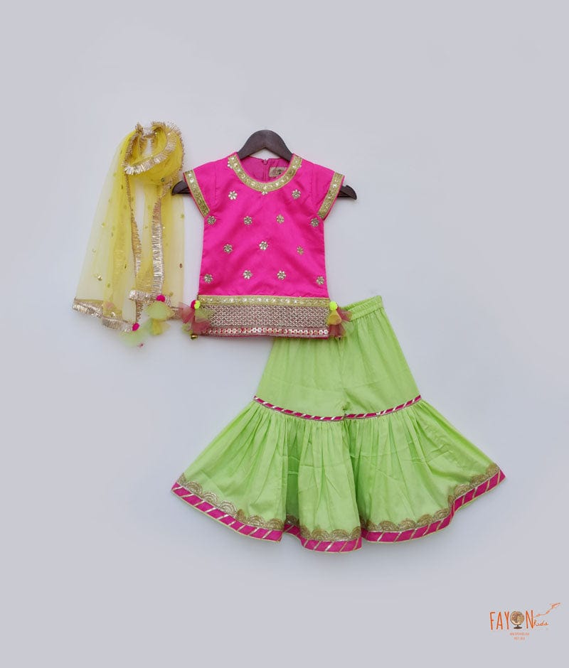 Fayon Kids Hot Pink Dupion Silk Green Cotton Silk Sharara with Kurti Boti Net Dupatta for Girls