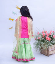 Hot Pink Dupion Silk Green Cotton Silk Sharara with Kurti Boti Net Dupatta for Girls
