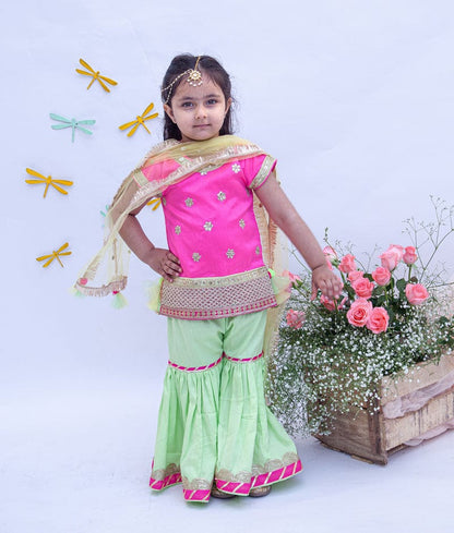 Fayon Kids Hot Pink Dupion Silk Green Cotton Silk Sharara with Kurti Boti Net Dupatta for Girls