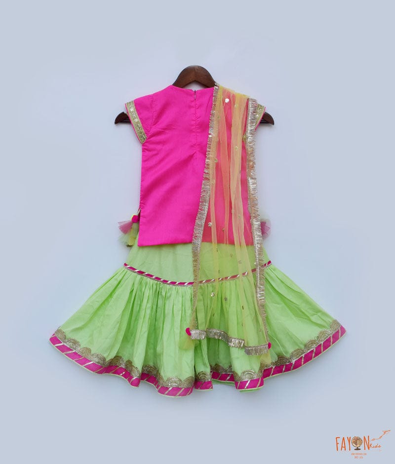 Fayon Kids Hot Pink Dupion Silk Green Cotton Silk Sharara with Kurti Boti Net Dupatta for Girls