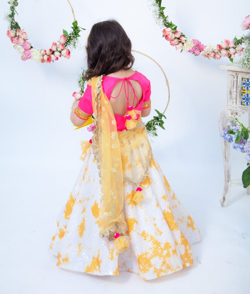 Hot Pink Dupion Silk White Sequins Lehenga with Choli Boti Net Dupatta for Girls