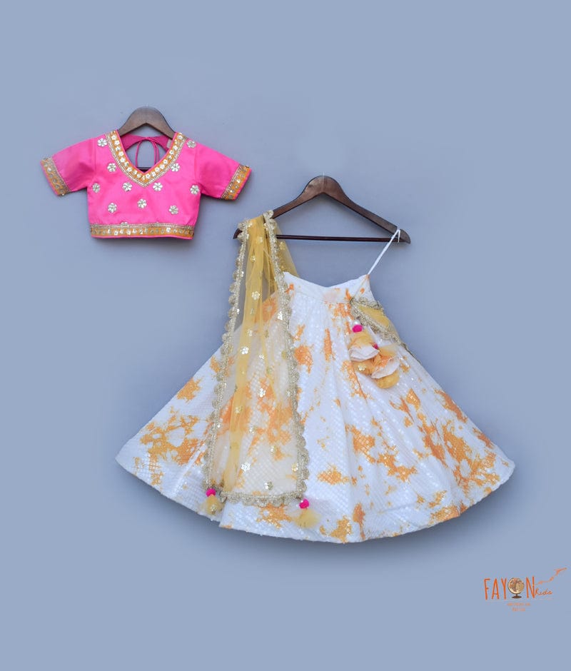 Hot Pink Dupion Silk White Sequins Lehenga with Choli Boti Net Dupatta for Girls
