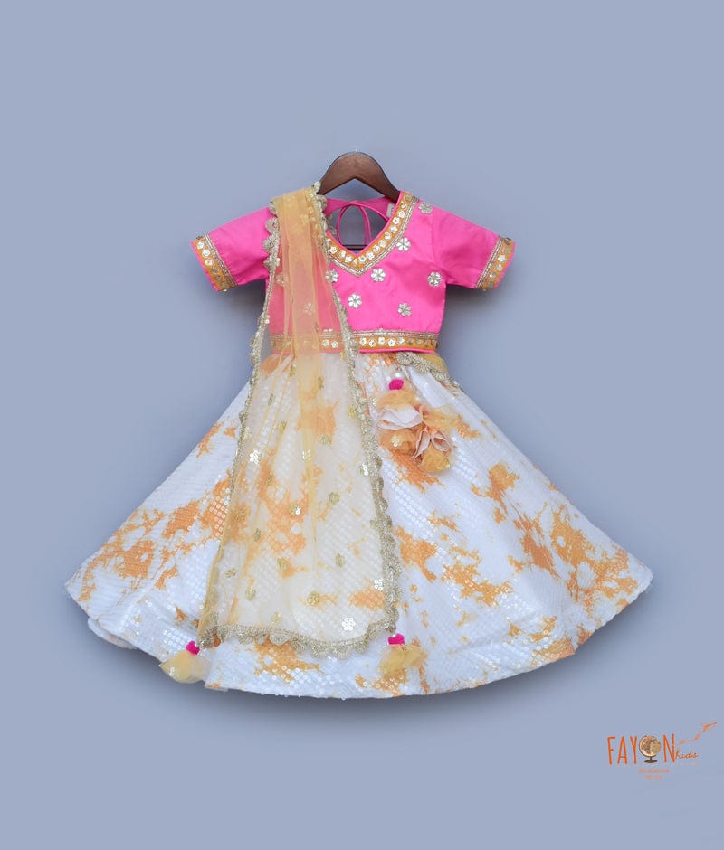 Hot Pink Dupion Silk White Sequins Lehenga with Choli Boti Net Dupatta for Girls
