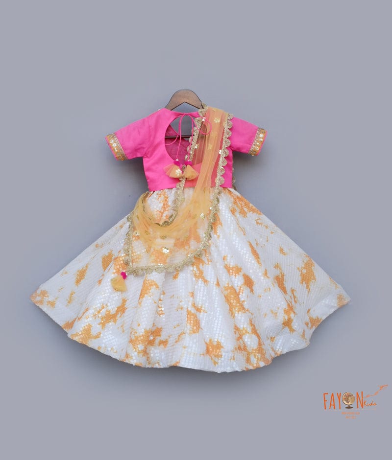 Hot Pink Dupion Silk White Sequins Lehenga with Choli Boti Net Dupatta for Girls