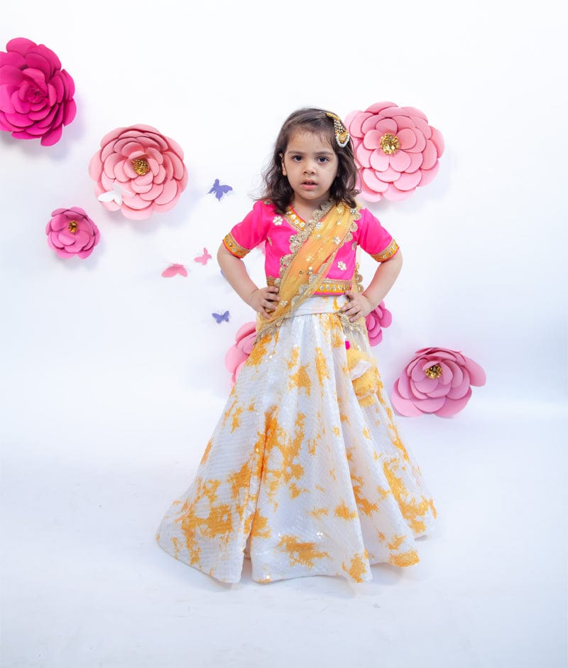 Fayon Kids Hot Pink Dupion Silk White Sequins Lehenga with Choli Boti Net Dupatta for Girls