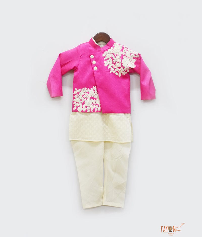 Hot Pink Embroidery Jacket with Kurta Chudidar for Boys