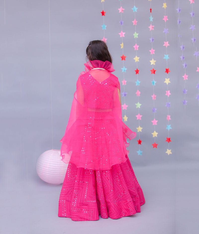 Fayon Kids Hot Pink Embroidery Lehenga with Choli Organza Cape for Girls