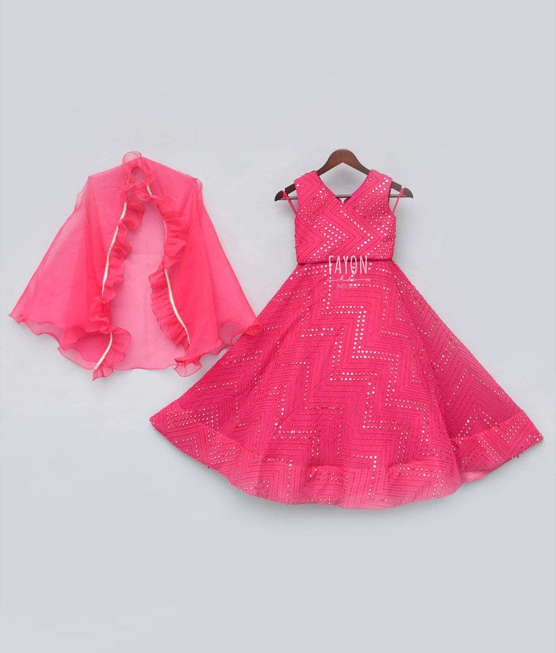 Fayon Kids Hot Pink Embroidery Lehenga with Choli Organza Cape for Girls