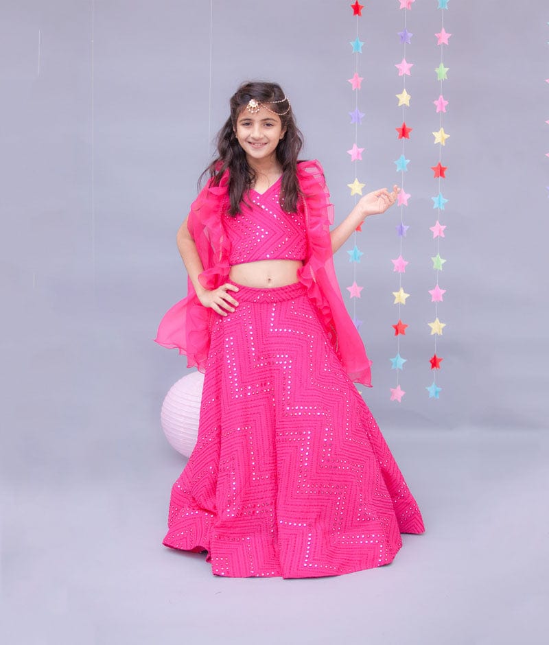 Fayon Kids Hot Pink Embroidery Lehenga with Choli Organza Cape for Girls