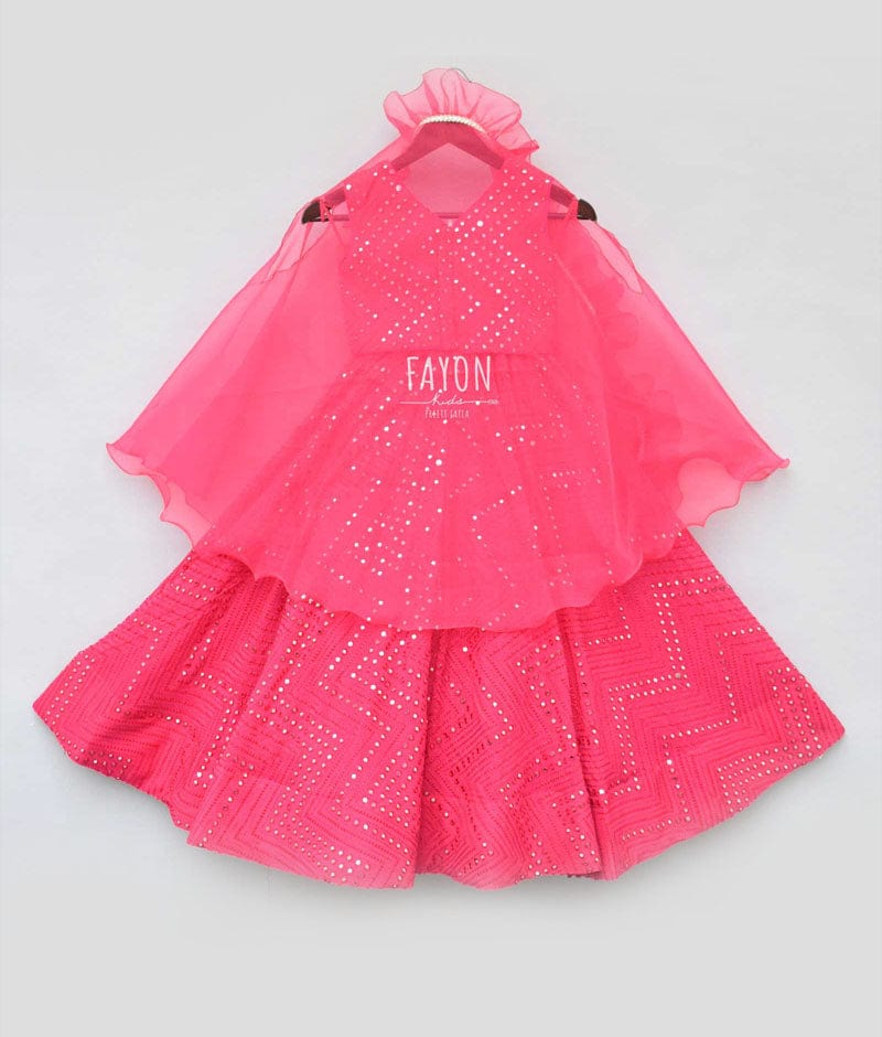 Fayon Kids Hot Pink Embroidery Lehenga with Choli Organza Cape for Girls