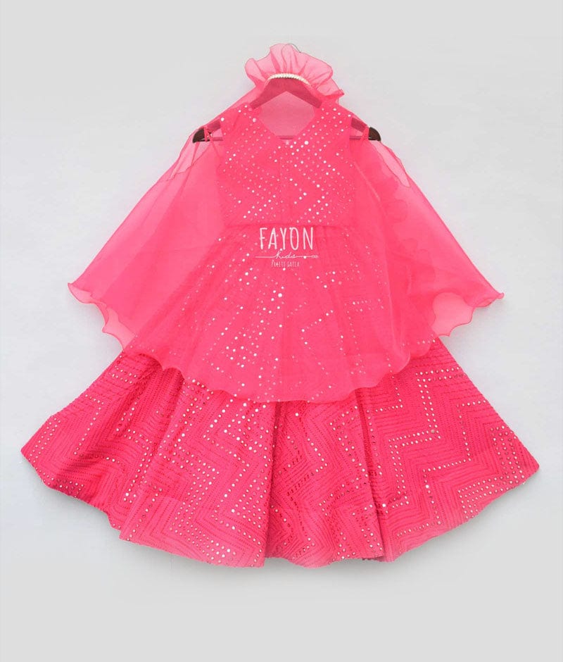 Hot Pink Embroidery Lehenga with Choli Organza Cape for Girls