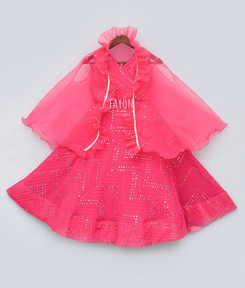 Fayon Kids Hot Pink Embroidery Lehenga with Choli Organza Cape for Girls