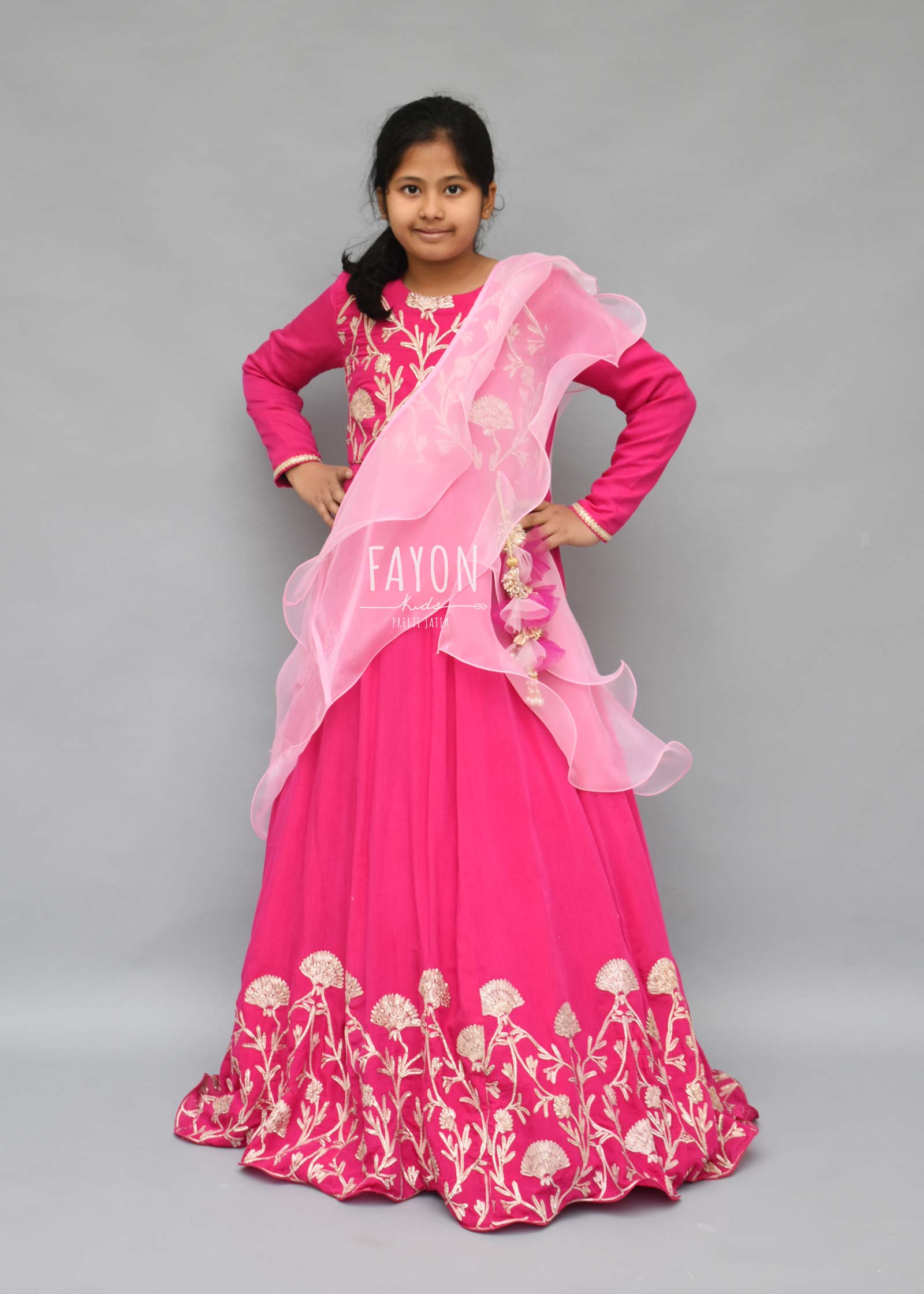 Hot Pink Gota Anarkali with Organza Dupatta for Girls