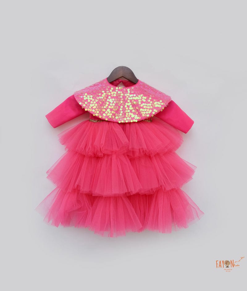 Fayon Kids Hot Pink High Low gown with Sequined Cape for Girls