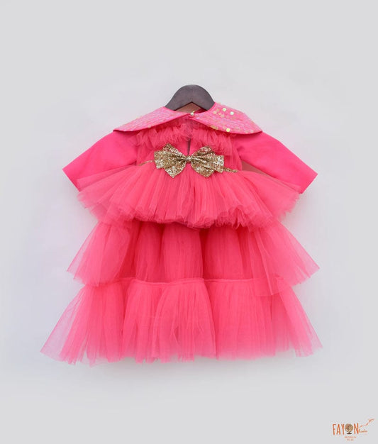 Fayon Kids Hot Pink High Low gown with Sequined Cape for Girls