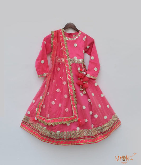 Hot Pink Mirror Booti Anarkali with Boti Net Dupatta for Girls