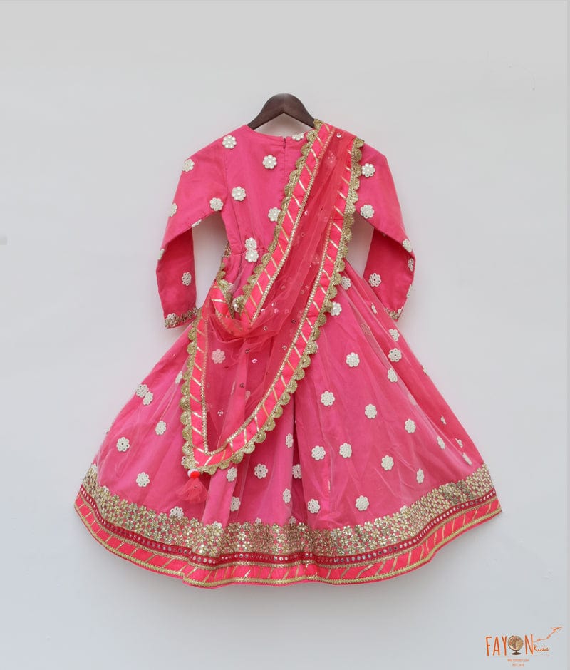 Fayon Kids Hot Pink Mirror Booti Anarkali with Boti Net Dupatta for Girls
